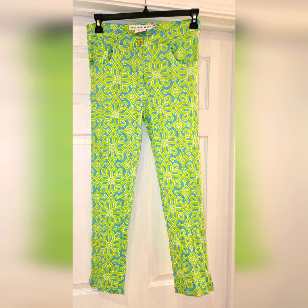 Gretchen Scott Designs Straight Leg Pants in Lime Green & Aqua Floral Print